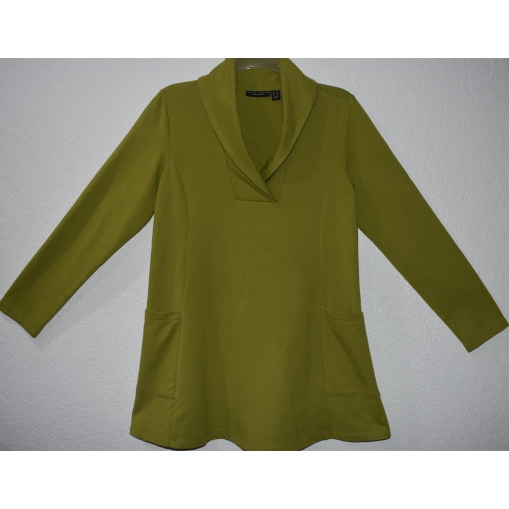 Susan Graver Weekend XXS Tunic Stretch Top Collared Long Sleeve Pockets Green